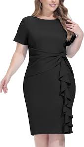 Hanna Nikole Women's Round Neck Short Sleeve Ruffle Ruched Cocktail Party  Pencil Dress 0X Black at Amazon Women's Clothing store