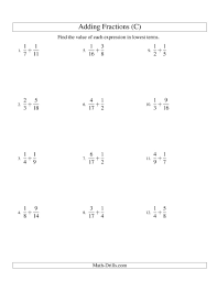 The Adding Fractions With Unlike Denominators C Math Worksheet From The Fractions Worksheets Page Adding Fractions Fractions Worksheets Subtracting Fractions