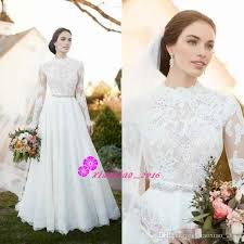 Discount 2018 Vintage Lace Country Wedding Dresses With Illusion Long Sleeve High Neck Beaded Sash Modest Plus Size Simple Outdoor Bridal Gowns Cheap Simple Wed Lace Wedding Dress Vintage Wedding Dress