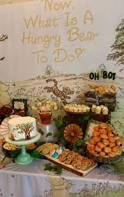 Vintage Winnie The Pooh Baby Shower Using Backdrops To Create The Mood Disney Baby Shower Baby Shower Vintage Baby Bear Baby Shower
