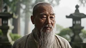 Elderly Asian master with white beard walking