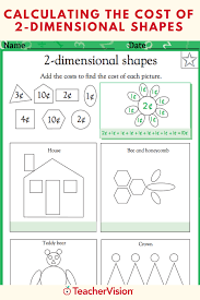 Free 1st grade math worksheets, organized by topic. Calculating The Cost Of 2 Dimensional Shapes Worksheet Grade 1 Shapes Math Practice Worksheets Dimensional Shapes