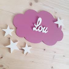 Decoration Murale Personnalisee Prenom En Bois Massif Plaque De Porte Chambre Enfant Bebe Nuage Et Etoiles Couleur Rose Fonce Atelier Decor