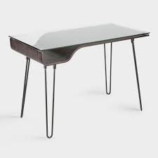 Weathered Gray Wood And Glass Top Leander Desk By World Market Mid Century Modern Desk Modern Desk Grey Desk