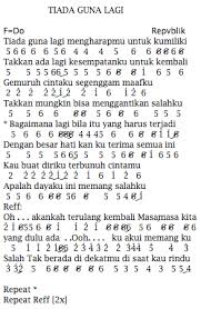 Lirik tiada guna lagi dari republik ini dipublikasikan pada tanggal 26 juni 2009 (12 tahun yang lalu). Not Angka Lagu Repvblik Tiada Guna Lagi Dunia Lirik Not Lagu