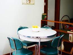 Small Retro Small Retro Style With 1950s Round White Dining Table And Green Chairs White Dining Table Retro Dining Table Round White Dining Table