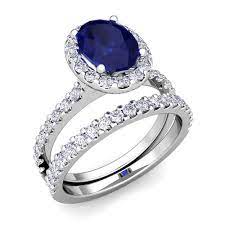 Halo Bridal Set Diamond Sapphire Engagement Ring 14k Gold 7x5mm Blue Sapphire Wedding Ring Blue Sapphire Wedding Ring Set Sapphire Wedding Ring Set