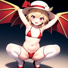 Armpits Bikini Breasts Red Eyes Red Thighhighs Small Breasts Thick Thighs  White Bikini Flandre Scarlet 1girl P Blonde Hair Blush, 1443139205 