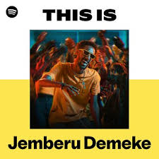 Album cover for 'This Is Jemberu Demeke' featuring a vibrant background with a joyful musician in a casual outfit.