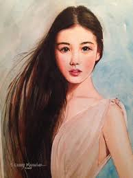 Mei Lin” A beautiful Chinese Girl. I used a light background to give the  portrait a nice contrast. I blended some of her hair color into the  background. I always paint from