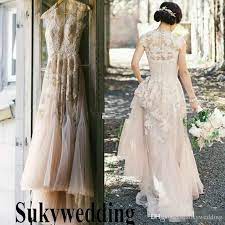 Discount Exquisite Blush Pink Lace Wedding Dresses Tulle Applique Bohemian Country Wedding Bridal Gowns Plus Size Garden Bride Gowns Vestido De Novia Wedding Dr Blush Tulle Wedding Dress Short Bridal Gown