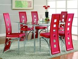 Los Feliz Contemporary Silver 7pc Dinette Set W Red Chairs Modern Dining Chairs Dining Chairs Metal Dining Table