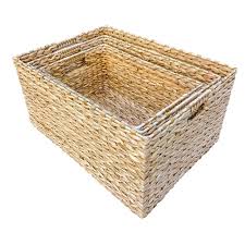 Versatile woven basket for storing hand towels, toiletries in bath, or magazines, games, pet toys, media, household items. Rectangular Water Hyacinth Storage Basket The Willow Basket