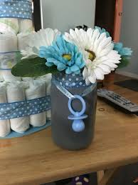 Finished Mason Jar Centerpiece For Boy Baby Shower Boy Baby Shower Centerpieces Diy Baby Shower Centerpieces Baby Shower Flowers