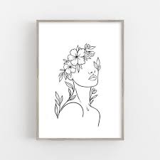 Black And White Flower Crown Drawing Head Of Flowers Line Art Woman With Flowers Flower Crown Art Etsy In 2020 Line Art Flowers Crown Art Flower Wall Art