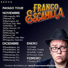 El comediante mexicano franco escamilla saca sus chistes de las experiencias de la vida real y está dispuesto a hacer cualquier cosa por el nuevo material. Franco Escamilla On Twitter Raza Aca Les Dejo Las Fechas Actualizadas Del Tour Payaso Info Y Boletos En Https T Co Zdq9b0iusm