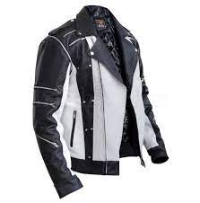 Black White Zippers Metal Stud Lapel Collar Thriller Leather Jacket In 2021 White Leather Jacket Real Leather Jacket Leather Jacket Men