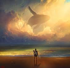 Surreal Painting Of Surfer And Whale Wave Art Fantasy Landscape Digital Painting