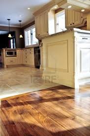 Hardwood And Tile Floor In Residential Home Kitchen And Dining Modern Kitchen Flooring Best Flooring For Kitchen Kitchen Floor Tile