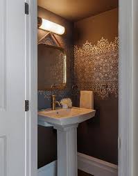 Gold And Brown Powder Room Features Walls Painted Chocolate Brown Accented With Gold Stencils Line Gold Bathroom Decor Gold Bedroom Decor Small Bathroom Colors