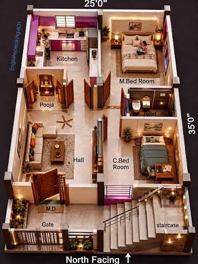 𝐄𝐧𝐠𝐥𝐢𝐬𝐡𝐆𝐤𝟒𝟎𝟏 ®️™ | 25x35 North Facing Modern House Plan | 2BHK Luxury 3D Floor Plan Design Description: 25x35 North Facing House Plan ka beautiful 3D... | Instagram