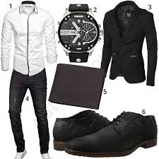 Schwarz Weisses Herrenoutfit Mit Hemd Sakko Und Uhr Outfits4you De Herren Outfit Coole Outfits Fur Jungs Manner Outfit