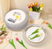 50 Clear Charger Plates Bulk 13 Inch Round Plastic Dinner Plate with Beaded  Rim
