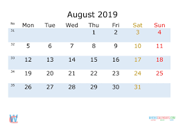 August 2019 Printable Monthly Calendar With Week Numbers Monday Catch Calendar Template Monthly Calendar Printable Calendar With Week Numbers