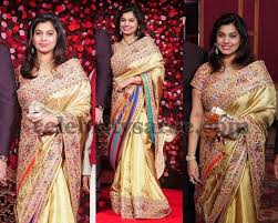 The ethereal silk saree with golden stripes all over had a thread embroidered and beads … Pinky Reddy Gold Thread Work Saree Pinky Reddy Saree Bridal Silk Saree