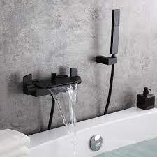 Contemporary Wall Mount Waterfall 2 Handle Chrome Bathtub Filler Faucet With Hand Shower Black Bathtub Faucet Black Bathroom Taps Black Bathtub
