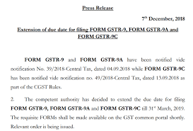 Covers due dates and compliance procedure. Extension Of Due Date For Filing Form Gstr 9 Annual Return Form Gstr 9a And Form Gstr 9c Ca Certification