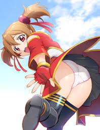 ueyama michirou, silica, sword art online, 10s, 1girl, ass, blurry, brown  hair, cloud, day, depth of field, fingerless gloves, from behind, gloves,  hair ribbon, open mouth, panties, pantyshot, red eyes, ribbon, short