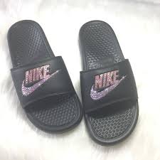 Black And Rose Gold Nike Slides Women S Nike Sandals Rose Gold Nike Slides Bedazzled Bling Nike Jdi Gold Nike Slides Nike Slides Nike Sandals