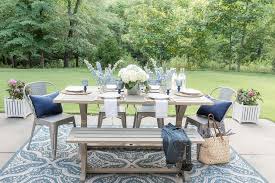 Blue And White Weathered Gray Outdoor Dining Picnic Table With Chairs Outdoor Patio Decor Patio Decor Picnic Table Decor