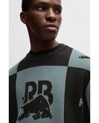 HUGO Men's Black X Rb Checkerboard Cotton Sweater With Bull Motif crew neck