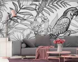 Black And White Mural Wall Black And White Tropical Drawing Mural Shop Now At Walls4u Mural Wall Murals Black Decor