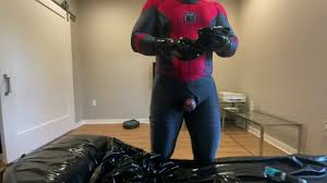Rubber Spiderman cum in the rubber toesock watch online