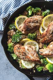 An Image Of A Healthy Chicken And Rice Recipe With Lemons And Broccoli In One Skillet From Hou Lemon Chicken Rice Healthy One Pot Meals Chicken Broth Recipes