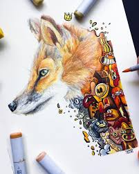Gawx Art On Instagram My Drawing Of The Realistic Fox And Doodles Inspired By Vexx Is Finally Finished T Doodle Art Designs Doodle Art Drawing Doodle Art