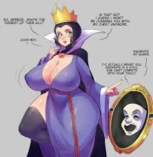 pinkkoffin, queen grimhilde, disney, snow white and the seven dwarfs,  highres, tagme, 1girl, black hair, breasts, cleavage, crown, english text,  huge breasts, lipstick, makeup, mature female, mirror 