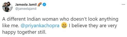 The person wrote, wait so did @nickjonas and @jameelajamil get divorced? responding to it, jameela wrote, a different indian woman who doesn't look anything like me. Myuolpvyo220fm