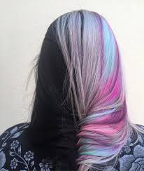 Black And Rainbow Hair Color Black And Rainbow Pastel Two Toned Hair Art Hair Colors Ideas Hair Inspiration Color Two Color Hair Half And Half Hair