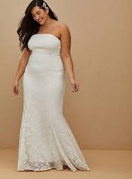 The clean line cut and posh look these dresses have to offer will give you the profession aesthetic you are striving to achieve. Plus Size White Lace Strapless Fit Flare Wedding Dress Torrid