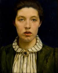 Portrait of the Painter'~ Sarah Cecilia Harrison, (1890) This is a  self-portrait showing the head and shoulders a woman, the artist Sarah  Cecilia Harrison. She is set against a dark blue background