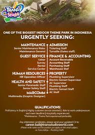 Tersedia loker untuk berbagai kalangan dari lulusan sma, smk, fresh graduate. Lowongan Kerja Di Trans Studio Bali Taman Hiburan Indoor Terbesar Bali Kaskus