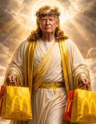 President Donald Trump shared an AI-generated artwork on Truth Social  depicting himself in a Christ-like pose, wearing white robes with a red  sash and extending a glowing hand to heal a sick