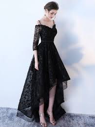 Black Gothic Lace High Low Wedding Dress Gaun Perempuan Pakaian Pengiring Pengantin Gaun Hitam