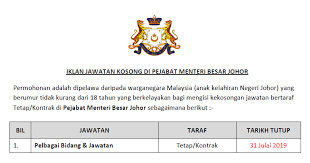 (10) yab datuk seri utama haji sulaiman bin md ali. Jawatan Kosong Di Pejabat Menteri Besar Johor Pelbagai Bidang Jawatan Ejawatankini Com