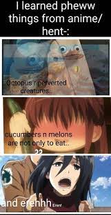 I learned oheww things from anime/ hent-: Octopus r perverted creatures..  cucumbers n melons not only to eat.. and erehhh... - iFunny Brazil