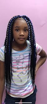 The fishtail starts on the side, goes over the head right to the other side and over the shoulder. Kids Box Braids Kids Box Braids Kid Braid Styles Big Box Braids Hairstyles